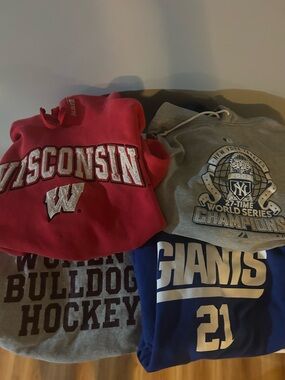 Mix of college and MLB sweaters. 2 medium (left) extra large (top right) & large